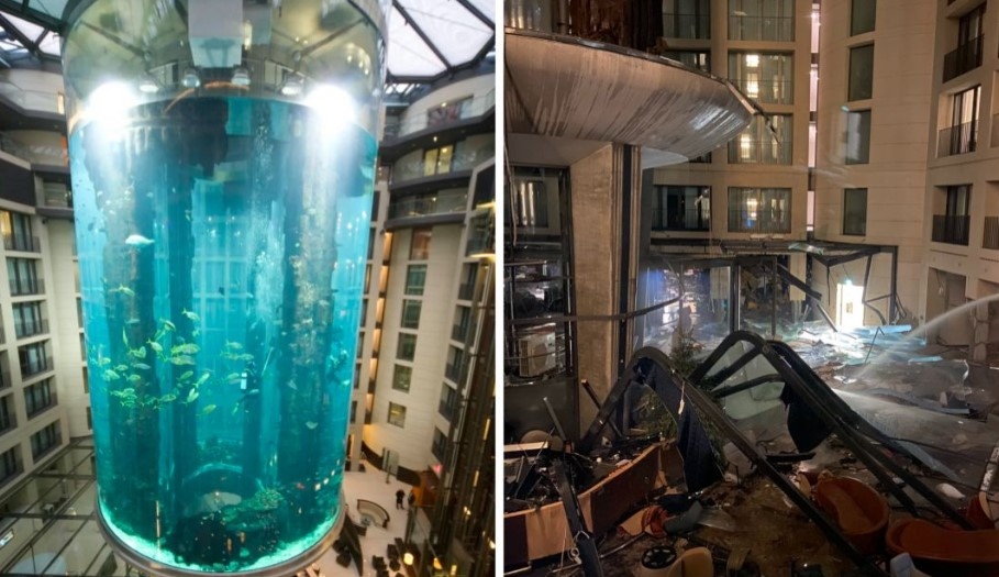 Най-големият цилиндричен аквариум в света се пръсна в хотел в Берлин